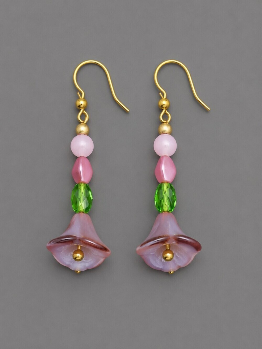 3/$30 HANDMADE Dainty Barbie Jade Czech Glass Tulip Dangle Hook Earrings